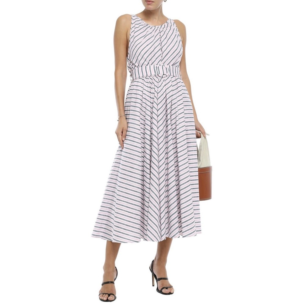 Gül Hürgel Striped Midi Dress Belted Cotton Linen Pink Grey Pleated Summer Sz L